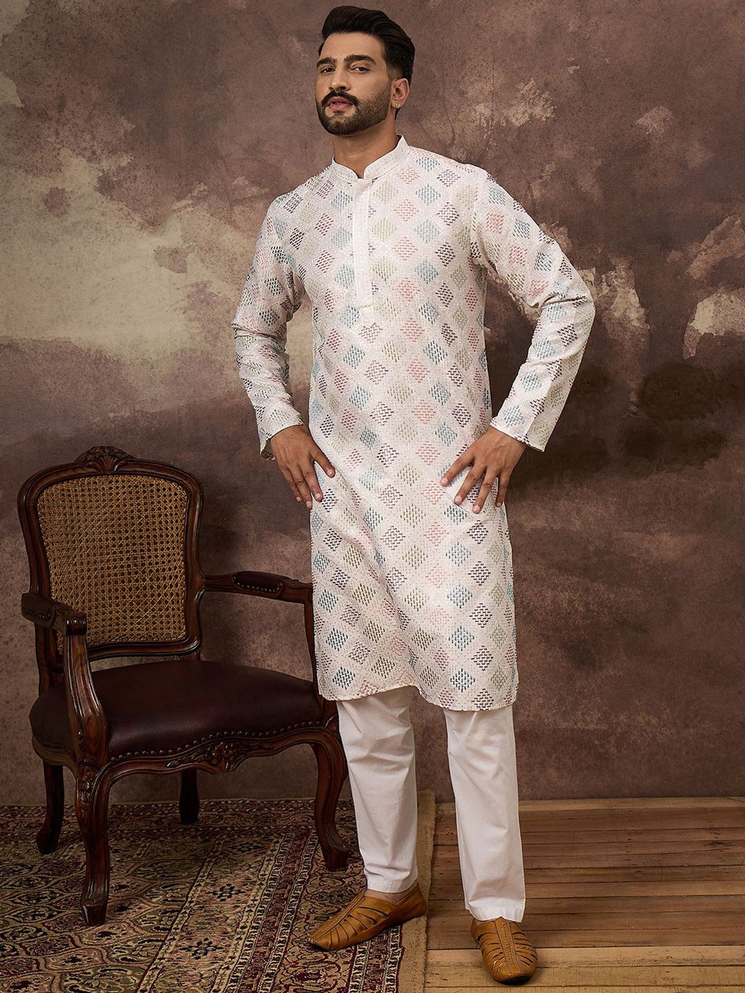 Ethnic Bay Men White Silk Blend Solid Embroidered Straight Kurta With Pant Set-MKSET1382