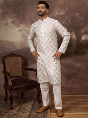 Ethnic Bay Men White Silk Blend Solid Embroidered Straight Kurta With Pant Set-MKSET1382
