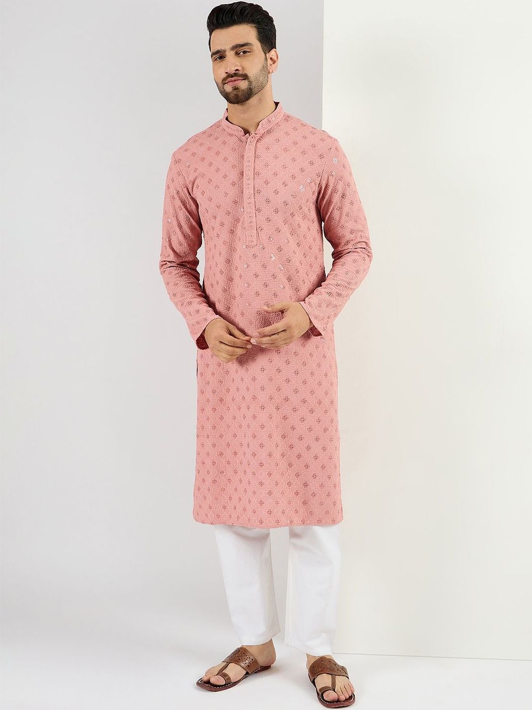Ethnic Bay Men Pink Viscose Rayon Embroidered Straight Kurta With Pant Set-MKSET1060