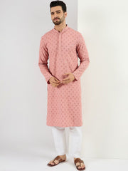 Ethnic Bay Men Pink Viscose Rayon Embroidered Straight Kurta With Pant Set-MKSET1060