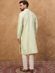 Ethnic Bay Men Peach Silk Blend Solid Embroidered Straight Kurta With Pant Set-MKSET1445
