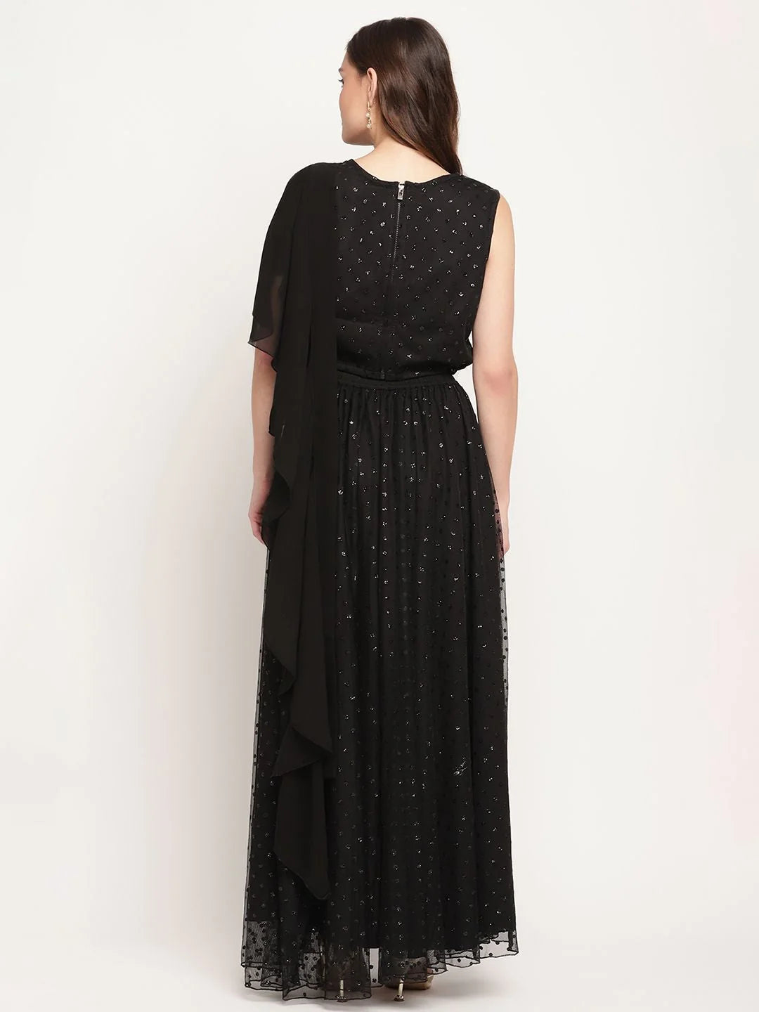 Black Net Glitter Print Top Skirt Set with Dupatta - Lehenga C...