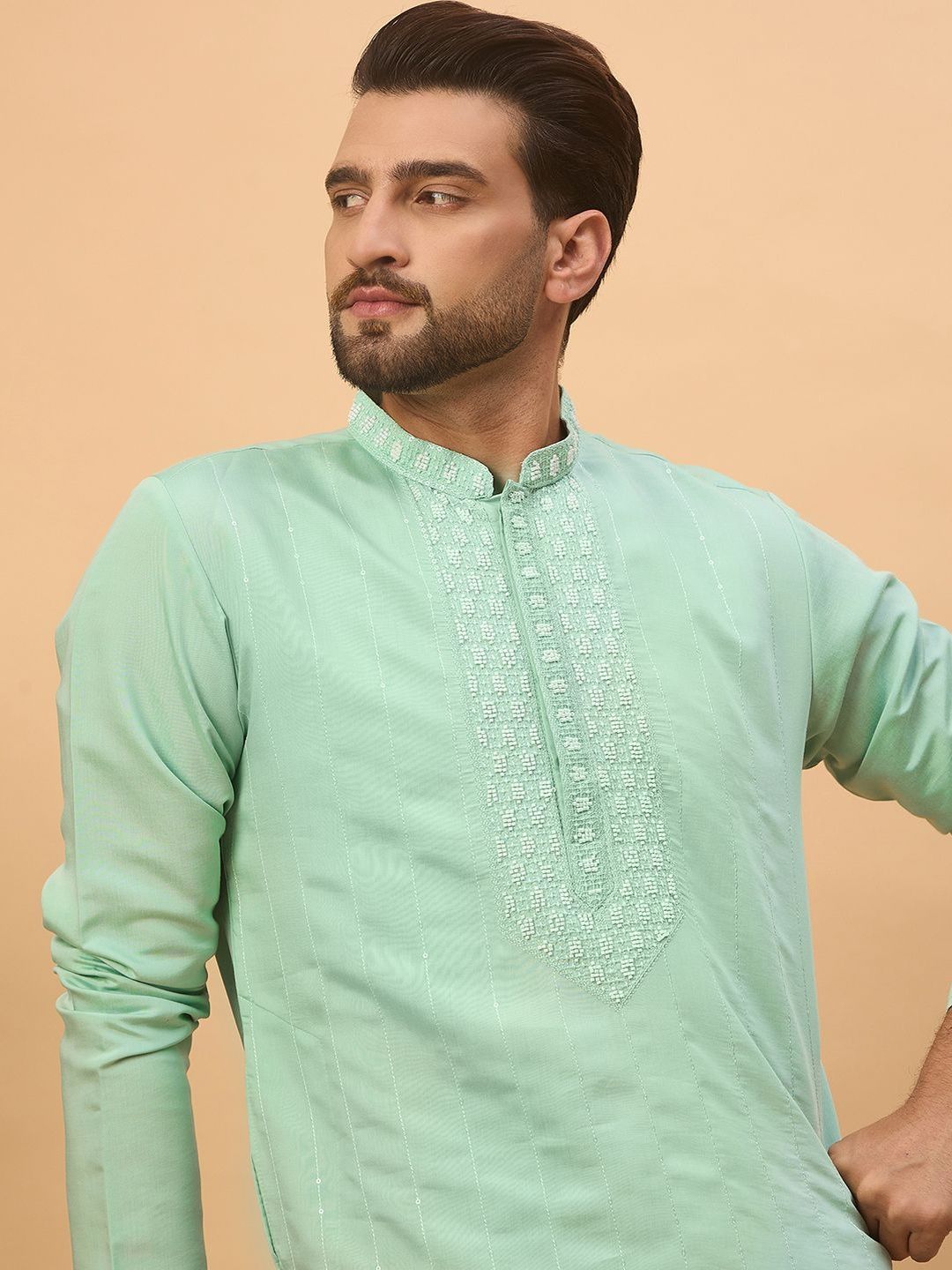 Ethnic Bay Men Blue Silk Blend Solid Embroidered Straight Kurta With Pant Set-MKSET1508