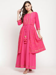 Dark Pink Printed Layered Tie- Ups Dress-AHDRCRKH-896