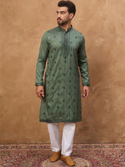 Ethnic Bay Men Green Silk Blend Geometric Embroidered Straight Kurta With Pant Set-MKSET1517