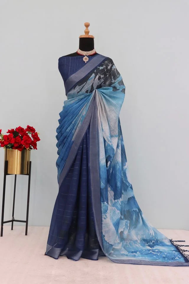 Linen Digital Print Blue Saree With Unstiched Blouse Piece