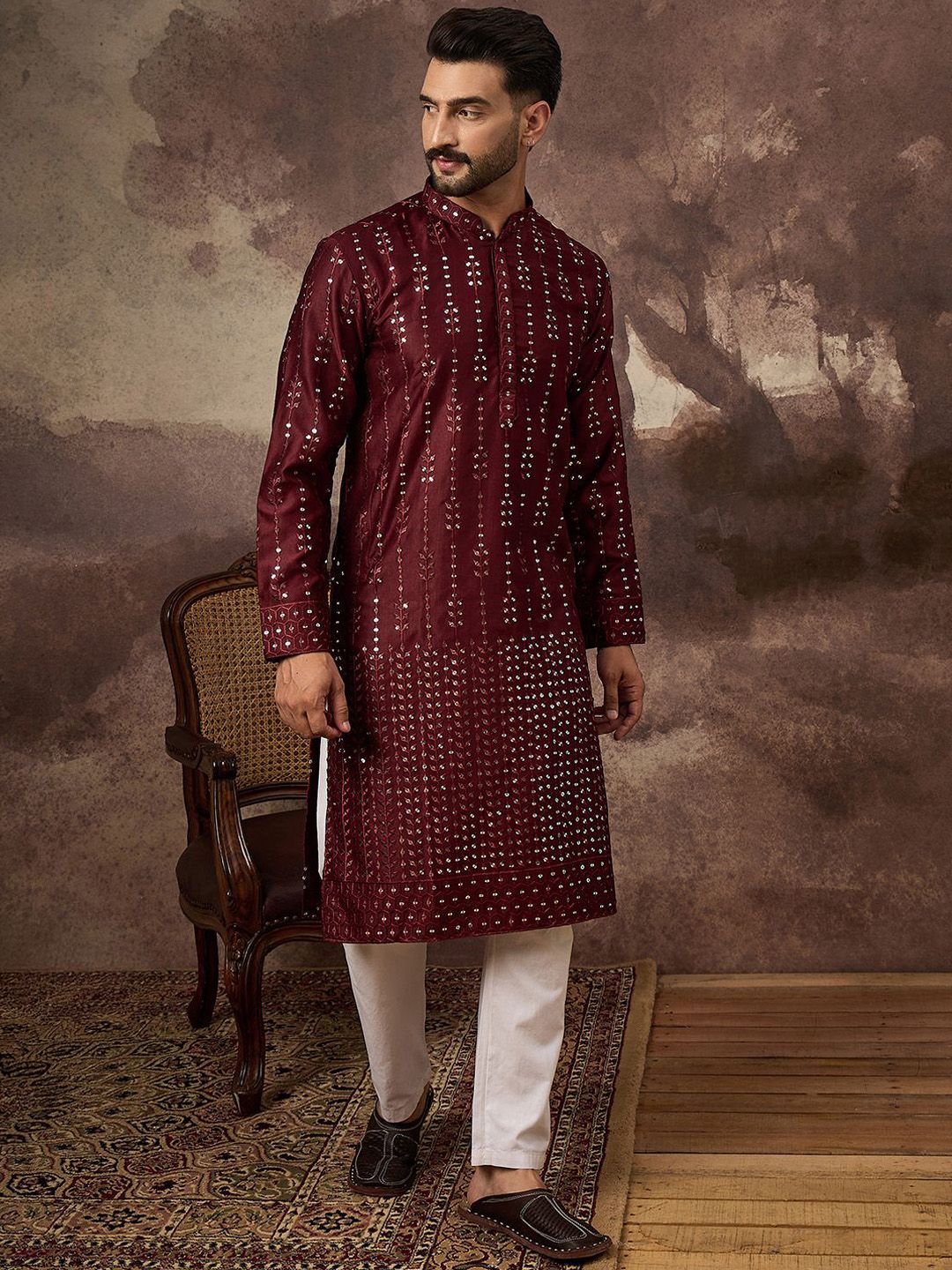 Ethnic Bay Men Maroon Silk Blend Solid Embroidered Straight Kurta With Pant Set-MKSET1361
