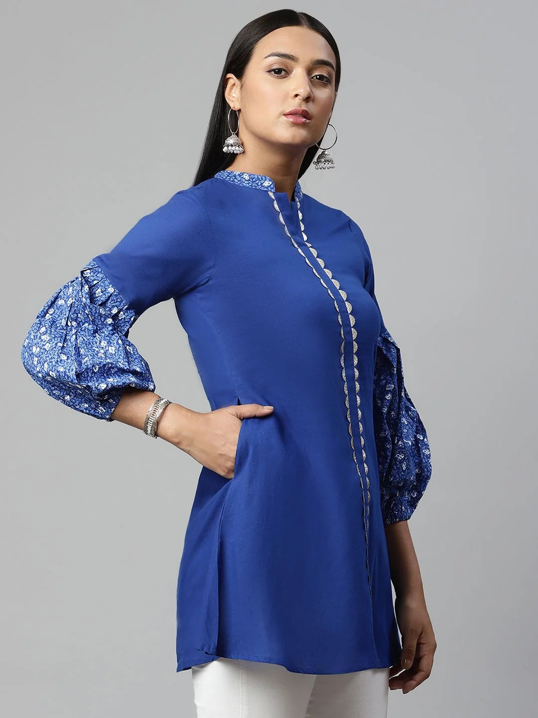 Blue Cotton Printed Tunic Top - Women's Indian Kurtis Online