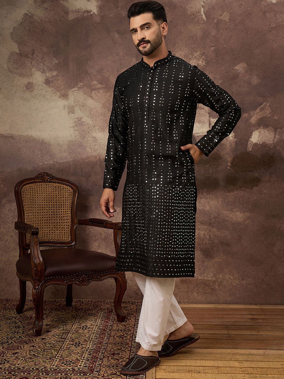 Ethnic Bay Men Black Silk Blend Solid Embroidered Straight Kurta With Pant Set-MKSET1360
