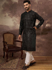 Ethnic Bay Men Black Silk Blend Solid Embroidered Straight Kurta With Pant Set-MKSET1360