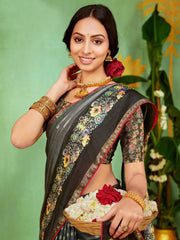 Women's Soft Grey Embellished Designer Saree With Blouse Piece-HBUTAI40126