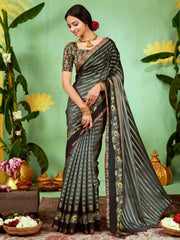 Women's Soft Grey Embellished Designer Saree With Blouse Piece-HBUTAI40126