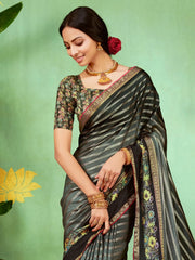 Women's Soft Grey Embellished Designer Saree With Blouse Piece-HBUTAI40126