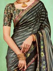 Women's Soft Grey Embellished Designer Saree With Blouse Piece-HBUTAI40126