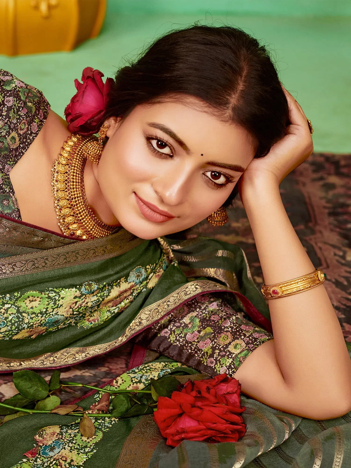 Women's Soft Green Embellished Designer Saree With Blouse Piece-HBUTAI40128