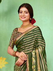 Women's Soft Green Embellished Designer Saree With Blouse Piece-HBUTAI40128