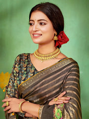 Women's Soft  Grey Embellished Designer Saree With Blouse Piece-HBUTAI40129