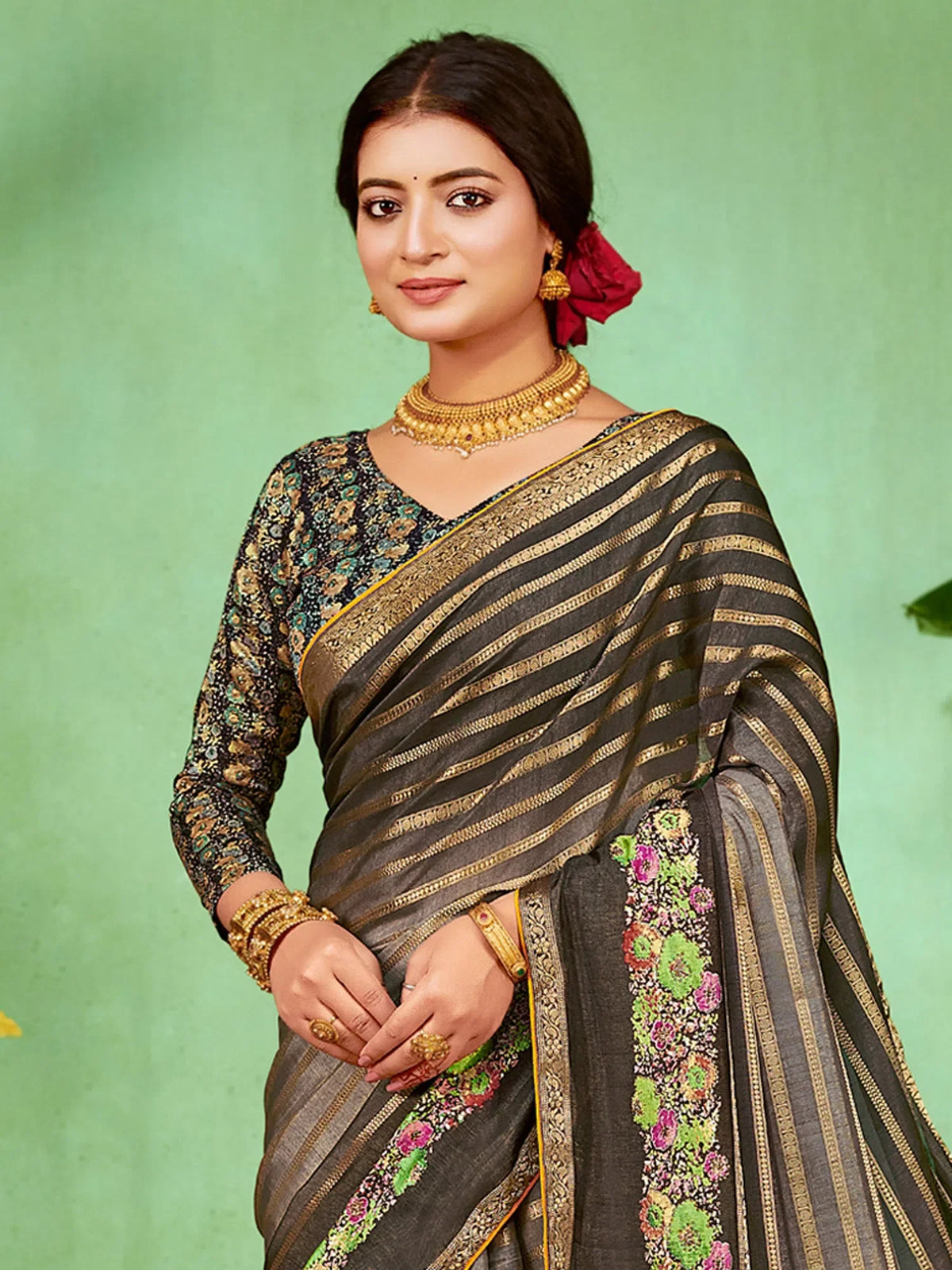 Women's Soft  Grey Embellished Designer Saree With Blouse Piece-HBUTAI40129