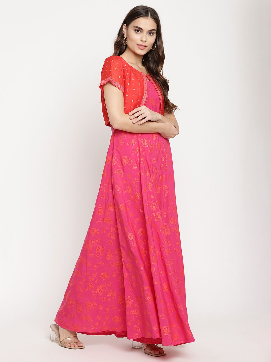 Pink & Orange Floral Print Kurta with Jacket | Indian Kurta Sets