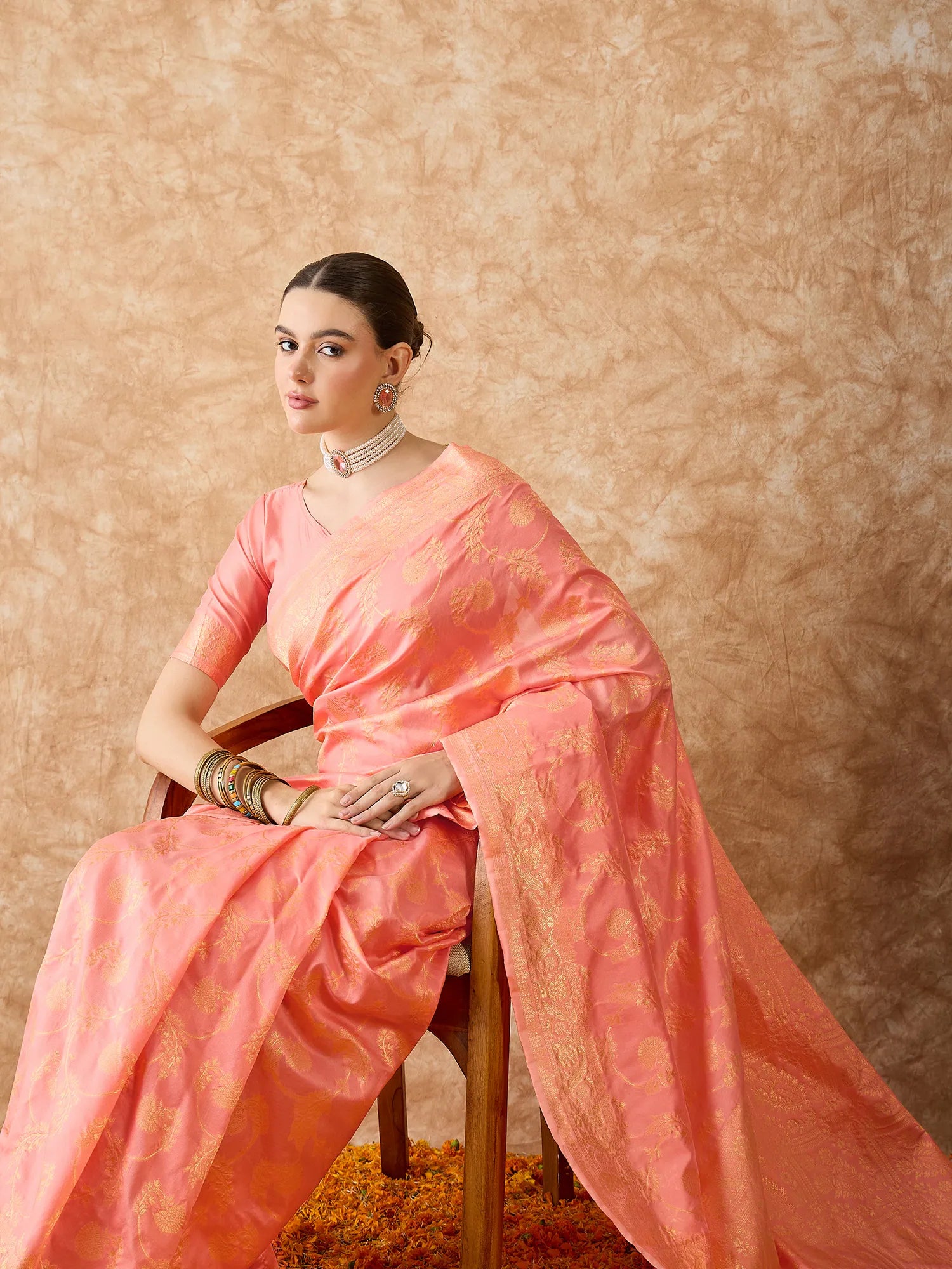 Peach Polyester Saree | Designer Sarees India