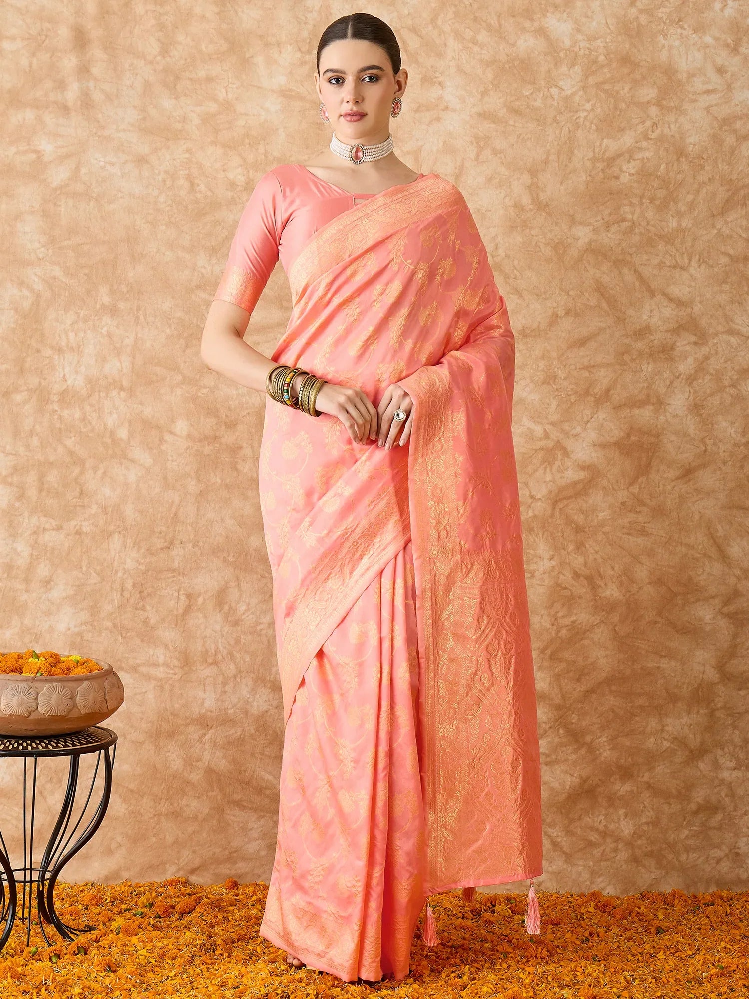 Peach Polyester Saree | Designer Sarees India