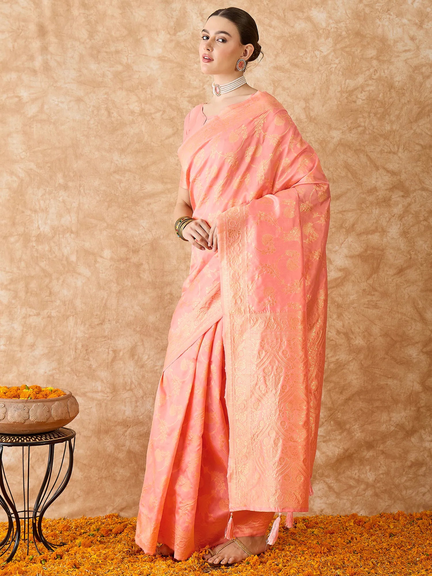 Peach Polyester Saree | Designer Sarees India