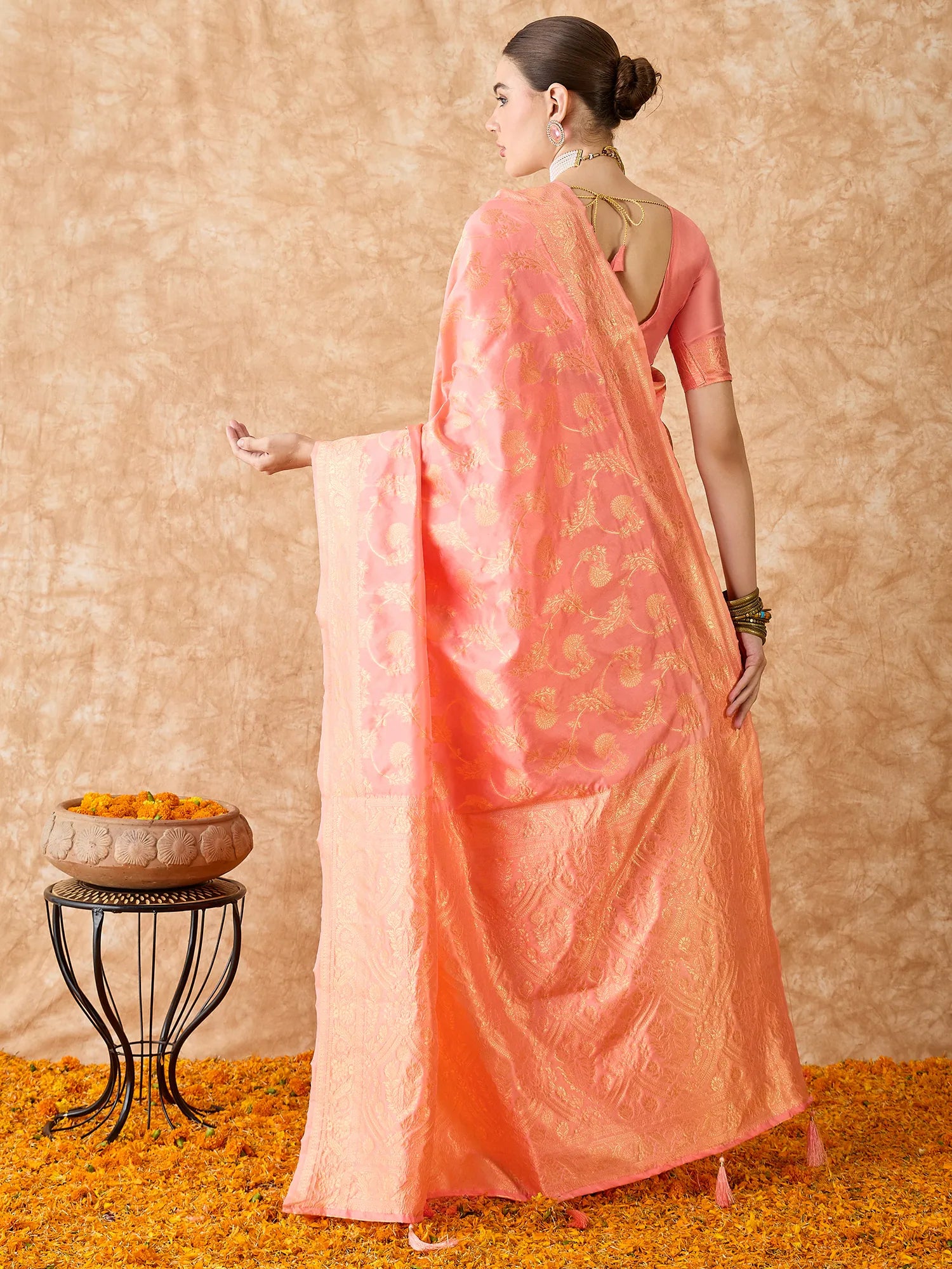 Peach Polyester Saree | Designer Sarees India