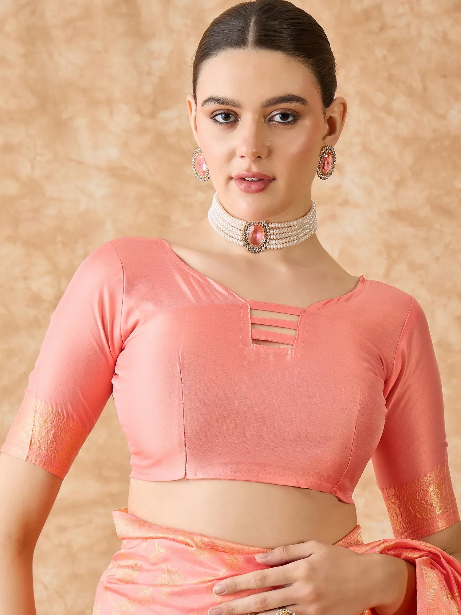 Peach Polyester Saree | Designer Sarees India
