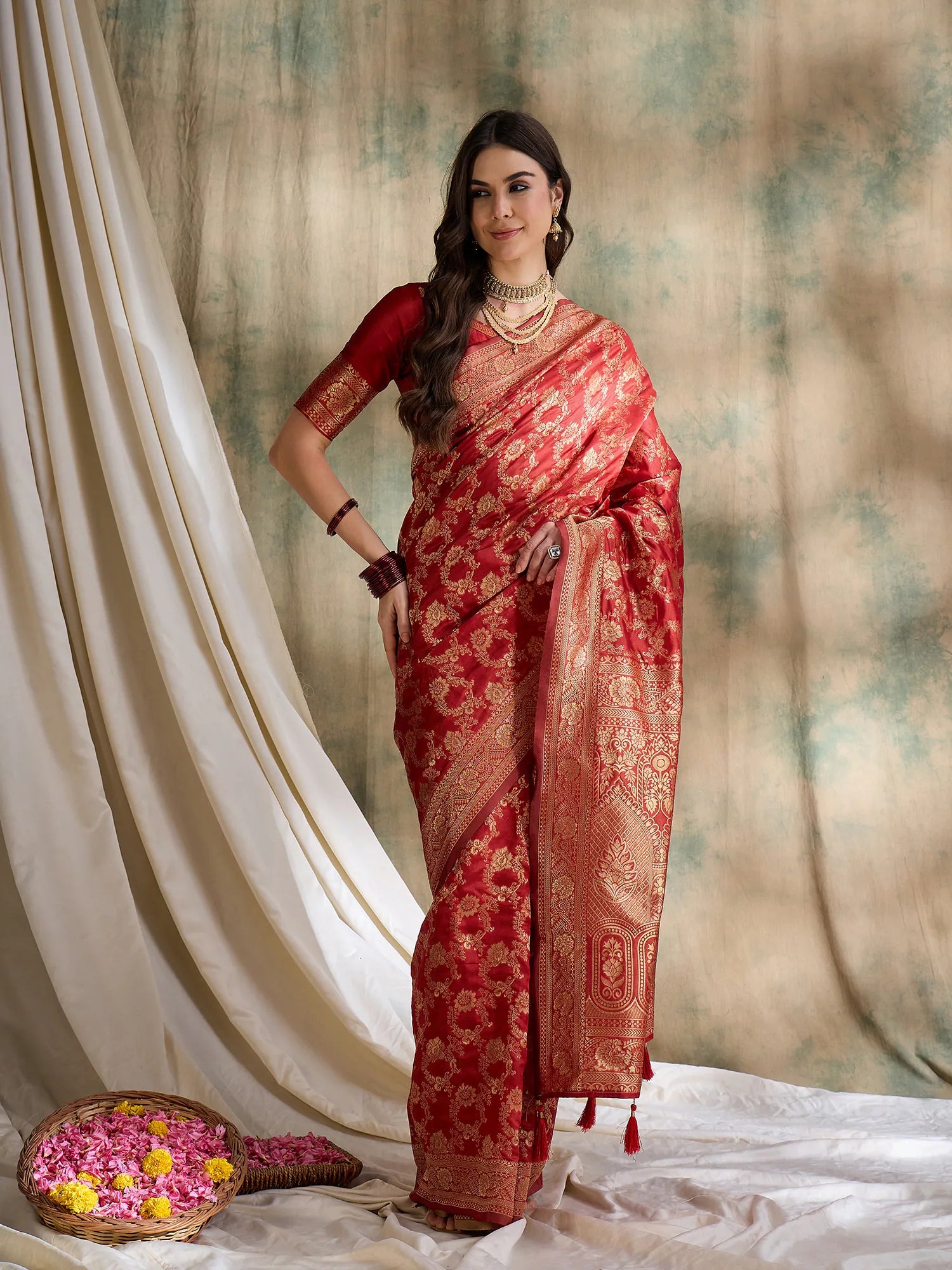 Red Woven Polyester Saree | Indian Sarees Online