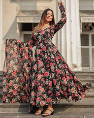 Floral Printed Knee Length Elbow Length Sleeves Round Neck Kurti And Palazzo Set With Net Dupatta-HFXMA-A1-BLACK