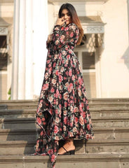Floral Printed Knee Length Elbow Length Sleeves Round Neck Kurti And Palazzo Set With Net Dupatta-HFXMA-A1-BLACK