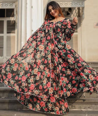 Floral Printed Knee Length Elbow Length Sleeves Round Neck Kurti And Palazzo Set With Net Dupatta-HFXMA-A1-BLACK