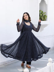 Floral Printed Knee Length Elbow Length Sleeves Round Neck Kurti And Palazzo Set With Net Dupatta-HFXMA-A4-BLACK