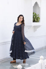 Floral Printed Knee Length Elbow Length Sleeves Round Neck Kurti And Palazzo Set With Net Dupatta-HFXMA-A4-BLACK
