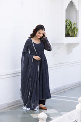 Floral Printed Knee Length Elbow Length Sleeves Round Neck Kurti And Palazzo Set With Net Dupatta-HFXMA-A4-BLACK