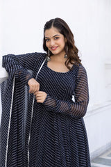 Floral Printed Knee Length Elbow Length Sleeves Round Neck Kurti And Palazzo Set With Net Dupatta-HFXMA-A4-BLACK