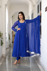 Floral Printed Knee Length Elbow Length Sleeves Round Neck Kurti And Palazzo Set With Net Dupatta-HFXMA-A4-BLUE