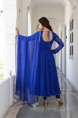 Floral Printed Knee Length Elbow Length Sleeves Round Neck Kurti And Palazzo Set With Net Dupatta-HFXMA-A4-BLUE