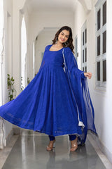 Floral Printed Knee Length Elbow Length Sleeves Round Neck Kurti And Palazzo Set With Net Dupatta-HFXMA-A4-BLUE