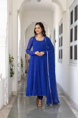 Floral Printed Knee Length Elbow Length Sleeves Round Neck Kurti And Palazzo Set With Net Dupatta-HFXMA-A4-BLUE