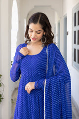 Floral Printed Knee Length Elbow Length Sleeves Round Neck Kurti And Palazzo Set With Net Dupatta-HFXMA-A4-BLUE