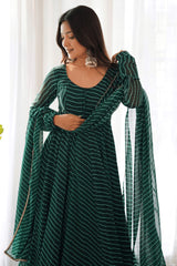 Floral Printed Knee Length Elbow Length Sleeves Round Neck Kurti And Palazzo Set With Net Dupatta-HFXMA-A4-GREEN