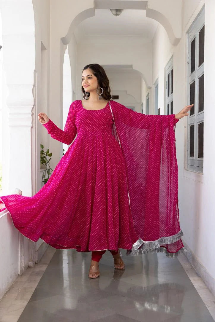 Floral Printed Knee Length Elbow Length Sleeves Round Neck Kurti And Palazzo Set With Net Dupatta-HFXMA-A4-PINK