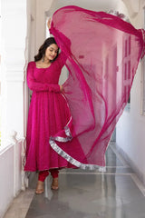 Floral Printed Knee Length Elbow Length Sleeves Round Neck Kurti And Palazzo Set With Net Dupatta-HFXMA-A4-PINK