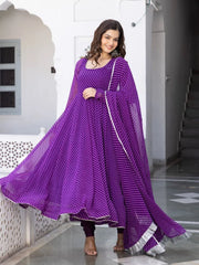 Floral Printed Knee Length Elbow Length Sleeves Round Neck Kurti And Palazzo Set With Net Dupatta-HFXMA-A4-PURPLE