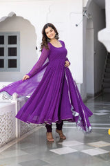 Floral Printed Knee Length Elbow Length Sleeves Round Neck Kurti And Palazzo Set With Net Dupatta-HFXMA-A4-PURPLE