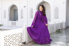 Floral Printed Knee Length Elbow Length Sleeves Round Neck Kurti And Palazzo Set With Net Dupatta-HFXMA-A4-PURPLE