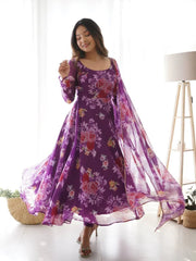 Floral Printed Knee Length Elbow Length Sleeves Round Neck Kurti And Palazzo Set With Net Dupatta-HFXMA-A5-PURPLE