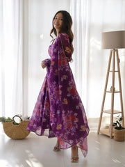 Floral Printed Knee Length Elbow Length Sleeves Round Neck Kurti And Palazzo Set With Net Dupatta-HFXMA-A5-PURPLE
