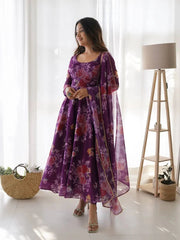Floral Printed Knee Length Elbow Length Sleeves Round Neck Kurti And Palazzo Set With Net Dupatta-HFXMA-A5-PURPLE